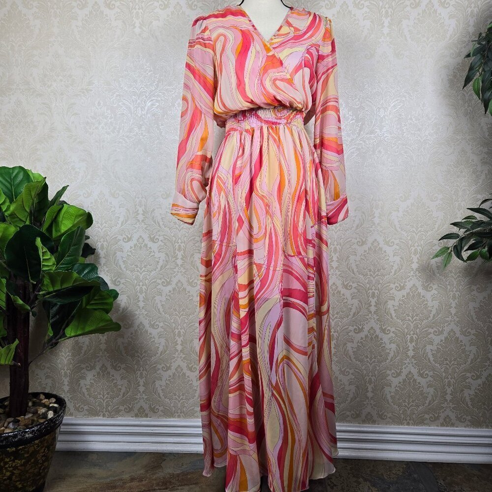 Kate & Lily Size 6 Pink Orange Abstract Print Sheer Maxi Dress Long Sleeves